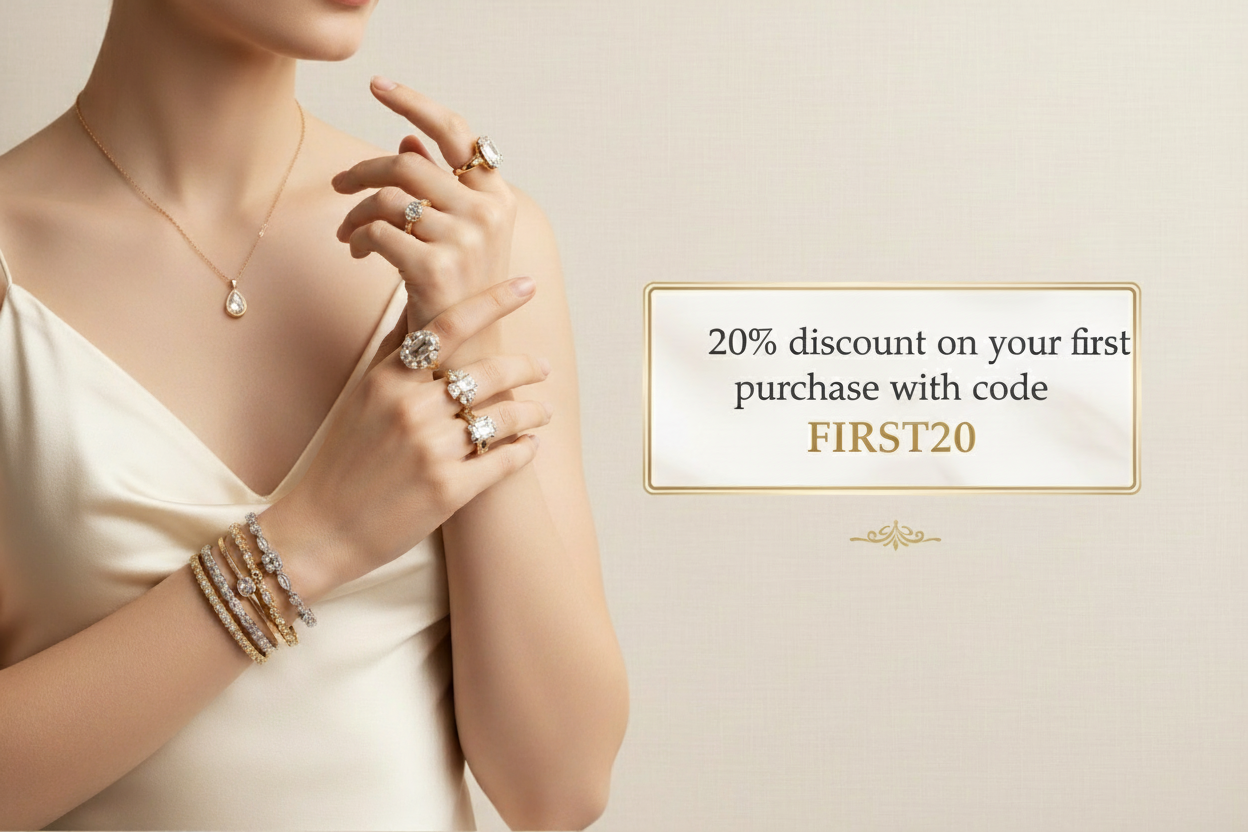 cover image of a women wearing elegant jwellery and a beutiful attractive button on right side saying "20% discount on your first purchase with code FIRST20" the button should be little more upper for mobile friendly